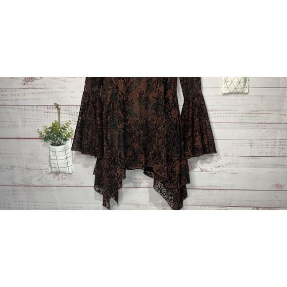 Dor Dor Couture Brown & Black Sheer Lace Boho Top Medium - Picture 2 of 5